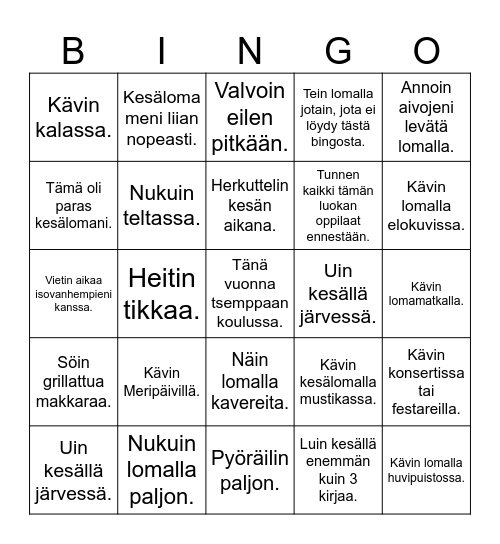 Kesälomalta paluu BINGO Card