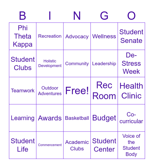 Student Life Bingo Card