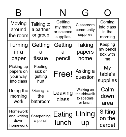 Classroom Procedures Bingo Card