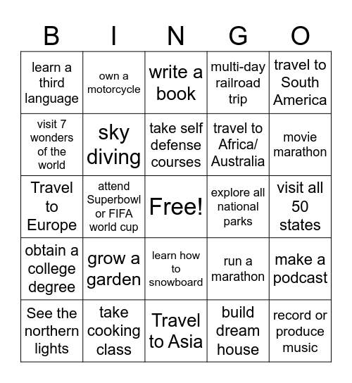 Bucket List Bingo Card