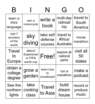 Bucket List Bingo Card