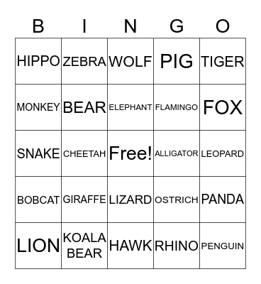 ZOO ANIMALS BINGO! Bingo Card