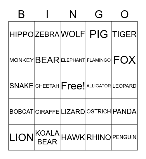 ZOO ANIMALS BINGO! Bingo Card