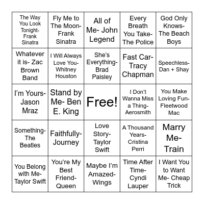 Love Song Bingo Card