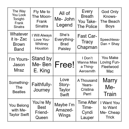 Love Song Bingo Card