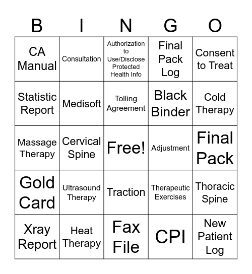 Chiropractic Assisstant Bingo Card