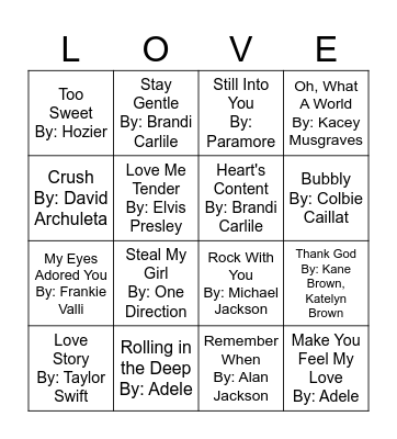 LOVE Song Music Bingo Card