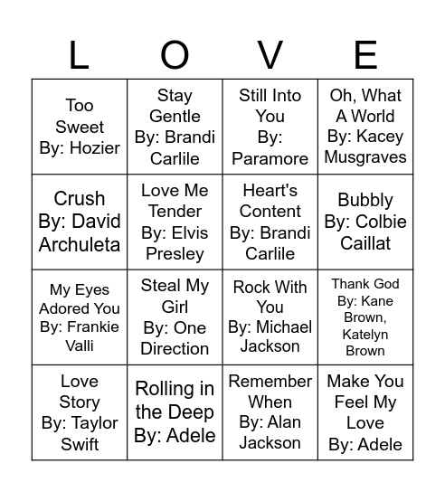 LOVE Song Music Bingo Card