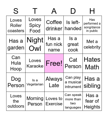 STADH Bingo! Bingo Card