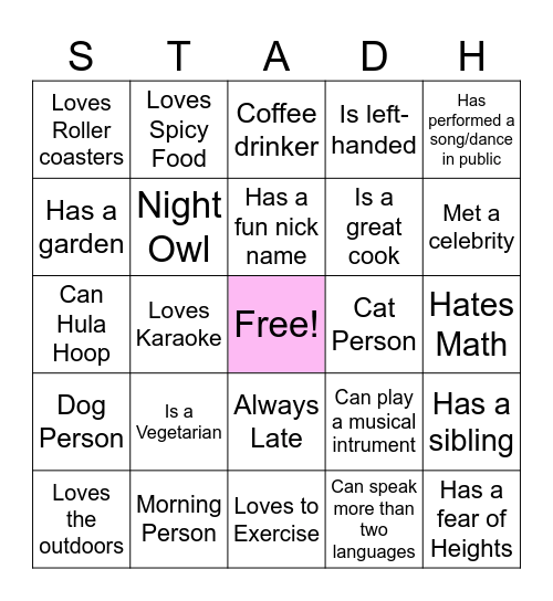 STADH Bingo! Bingo Card