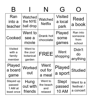 Back to School Bingo- Winter Break addition Bingo Card