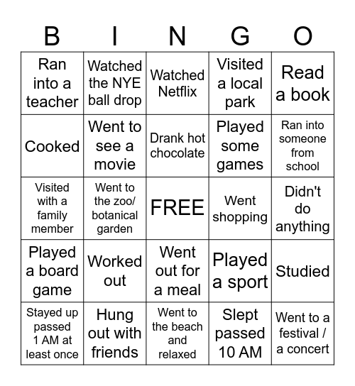 Back to School Bingo- Winter Break addition Bingo Card