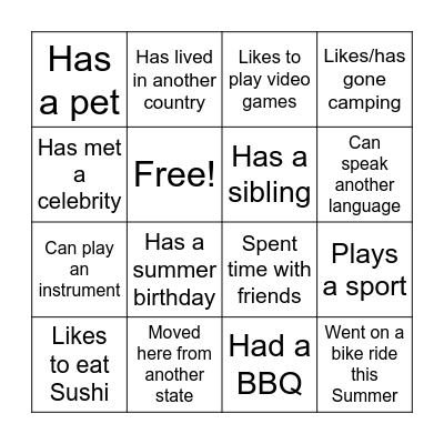 New Student/Summer Bingo! Bingo Card