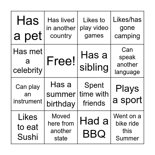 New Student/Summer Bingo! Bingo Card