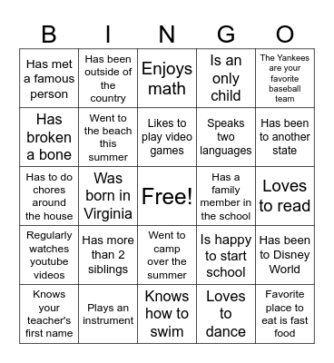 Back to School Bingo Card