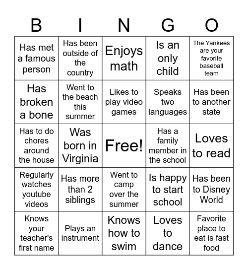 Back to School Bingo Card