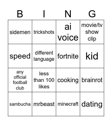 YT SHORTS Bingo Card