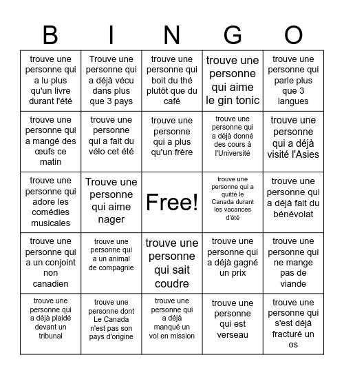 Jeu brise-glace Bingo Card