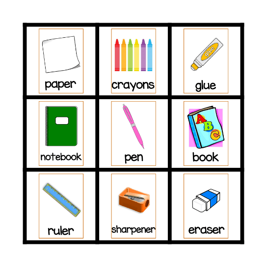 School Supplies Bingo Card