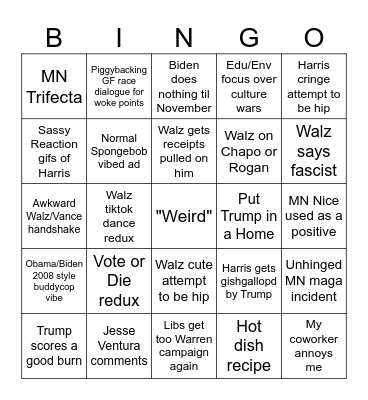 Harris/Walz Campaign Predictions Bingo Card