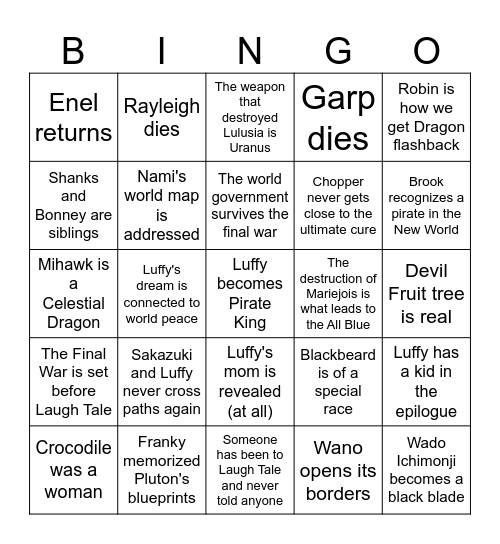 One Piece Final Saga Bingo Card