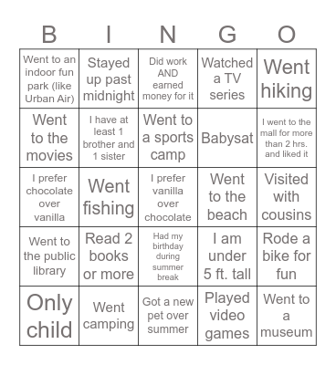 Getting to know you and summer fun Bingo Card