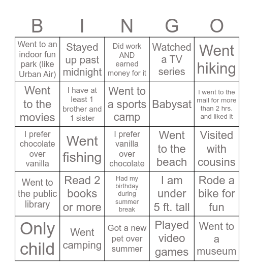 Getting to know you and summer fun Bingo Card