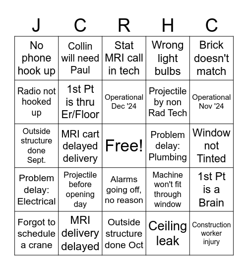 MRI Bingo Card