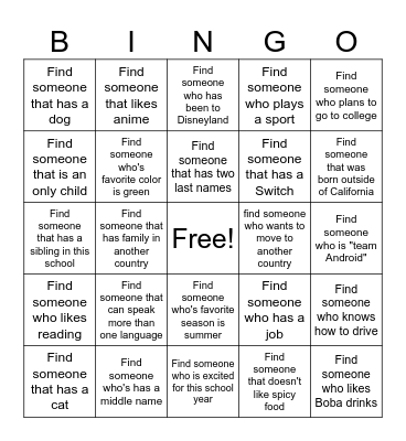 Get to Know Your Classmates Bingo Card