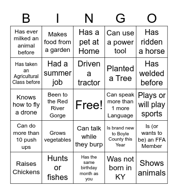 Agriculture Get to Know you Bingo Card