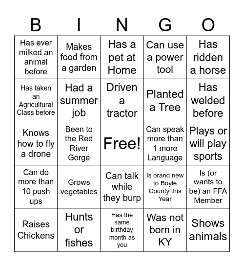 Agriculture Get to Know you Bingo Card