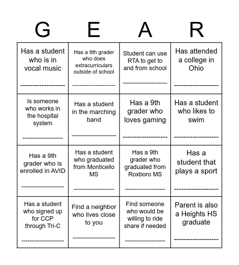 GEAR UP Families ROCK! Bingo Card