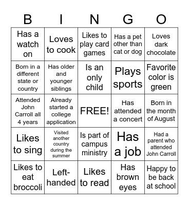 Getting to know you Bingo Card