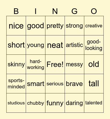 Adjectives Bingo Card