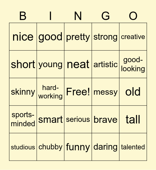 Adjectives Bingo Card