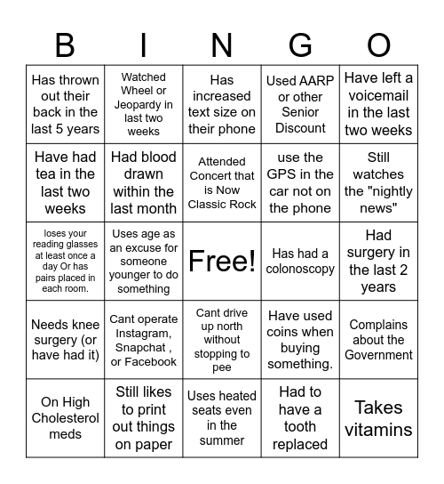 Old Man Bingo Card