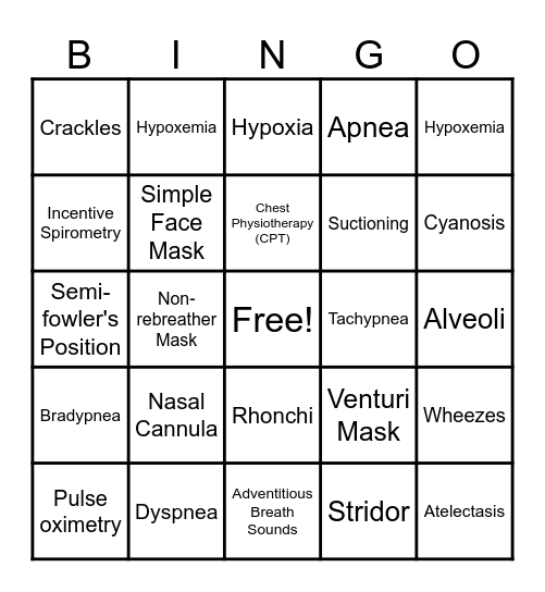 Oxygen Therapy Bingo Card