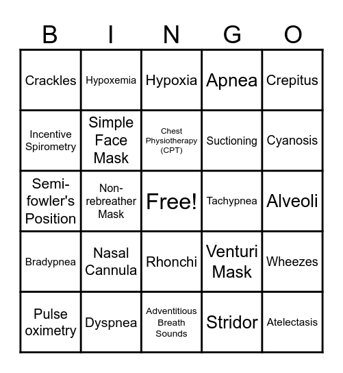 Oxygen Therapy Bingo Card