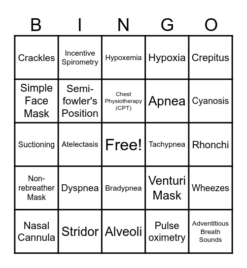 Oxygen Therapy Bingo Card