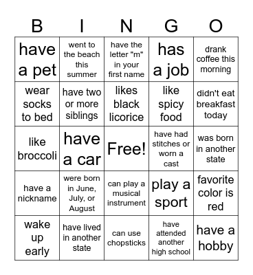 Back to School Bingo Card