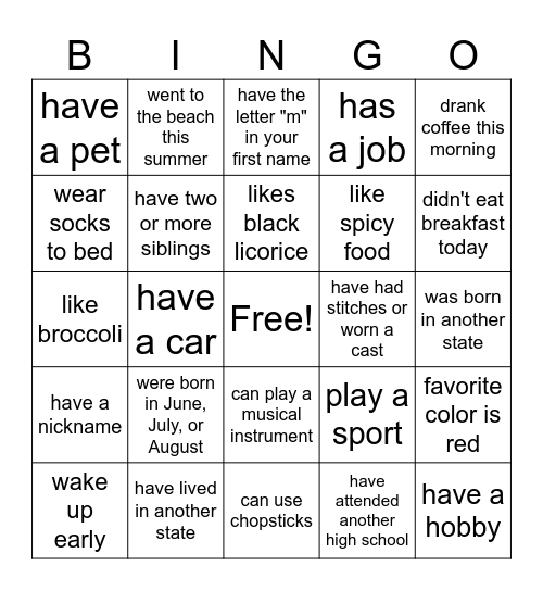 Back to School Bingo Card