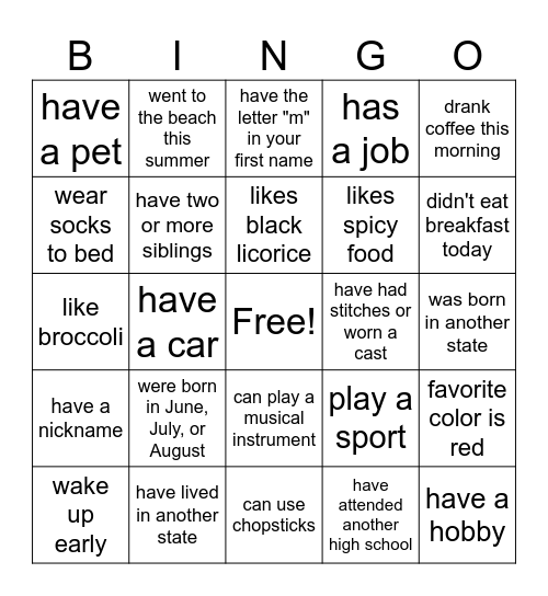 Back to School Bingo Card