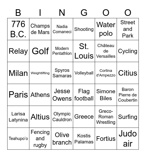 Olympic Bingo Card