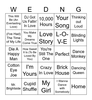 Wedding Songs Bingo Card