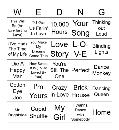 Wedding Songs Bingo Card