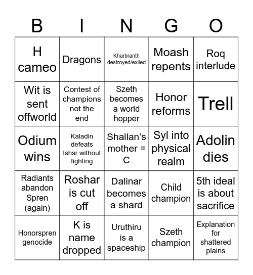 Stormlight 5 Bingo Card