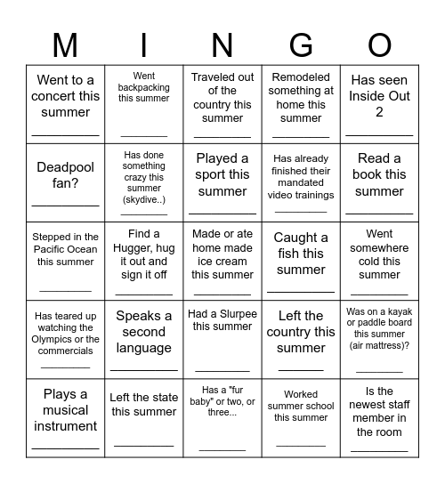 Mingle Bingo Card