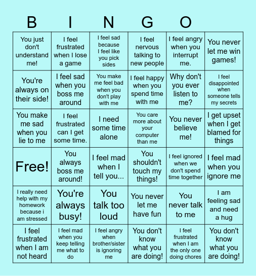 I Statements Bingo Card