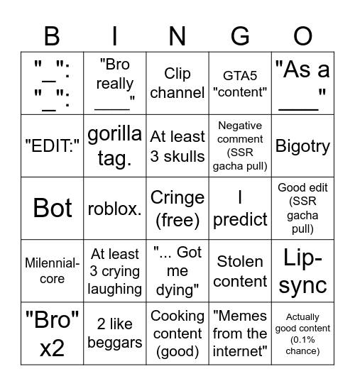 YouTube Shorts Bingo Card