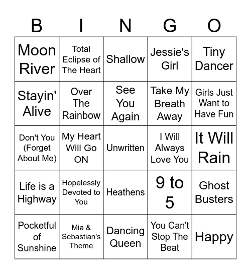 Top Movie Songs Bingo Card